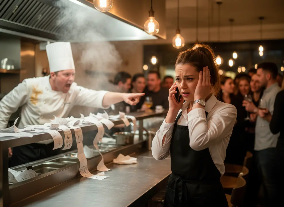 Serveuse débordée au téléphone en plein service